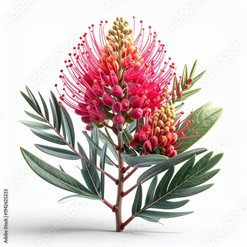 Pink And Yellow Grevillea Flower With Developing Buds And Fresh Green Leaves Tall Australian Native Bloom With Intricate Spiky Texture isolated on white background