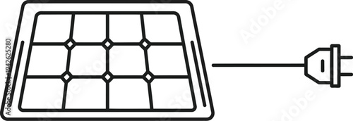 Simple line icon illustrating a photovoltaic solar panel connected to an electrical outlet plug for renewable energy concepts.