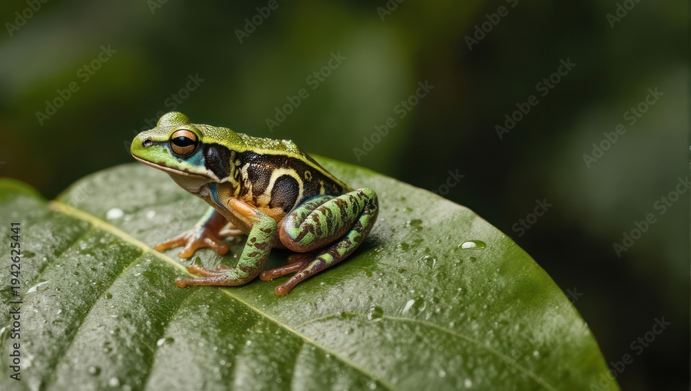 Obraz premium A vibrant frog with intricate patterns sits on a wet, green leaf, blending with the rainforest