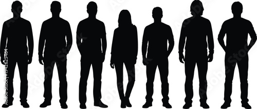 Group of standing people silhouettes men and woman isolated vector set front view human figures for crowd lifestyle and business design