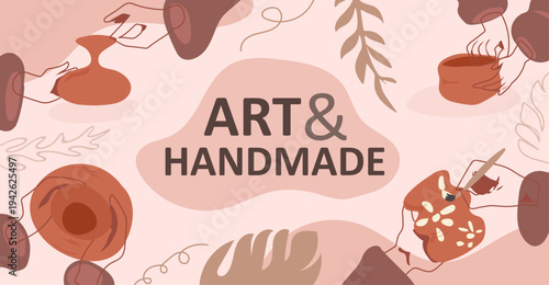 Pottery organic clay sculpting crafting into handmade objects, natural pastel colors, illustration banner background