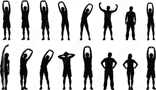 Collection of people stretching silhouettes performing warm up and flexibility exercises isolated vector set for fitness training workout routine design