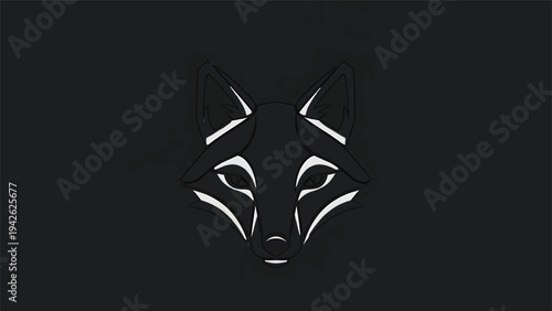 Minimalist White Fox Face Outline on Black Background.