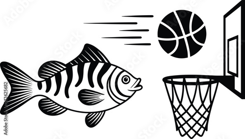 Black and White Vector Illustration of a Striped Fish Playing Basketball and Shooting a Ball Into the Hoop on White