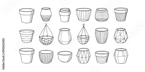 Hand Drawn Vector Illustration Set of Empty Plant Pots and Flowerpots. Collection of Various Outline Sketch Designs for Gardening, Plants, and Home Decor