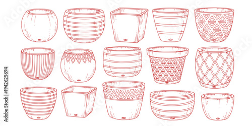 Hand Drawn Vector Illustration Set of Empty Plant Pots and Flowerpots. Collection of Various Outline Sketch Designs for Gardening, Plants, and Home Decor