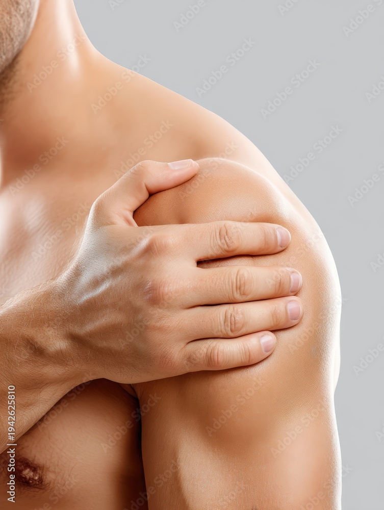 Fototapeta premium Visually striking product photography, commercial poster of chiropractor care, closeup shot of a hand massaging a shoulder, isolate on solid gray background, advertising style