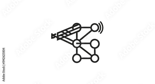 Network communication tower with connected nodes and signal waves.