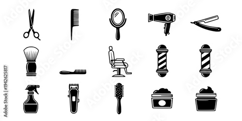 Black and White Line Art Barber Shop Icons - Hair Salon Equipment and Tools
