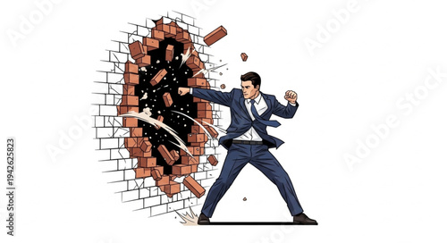Businessman Breaking Through Brick Wall.