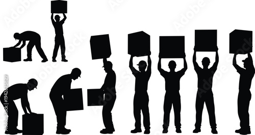 Workers lifting carrying boxes silhouettes warehouse logistics delivery loading teamwork manual labor industry storage moving vector illustration isolated set
