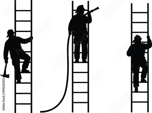 Firefighter silhouettes climbing ladder with equipment and hose isolated vector illustration for fire rescue emergency service and safety concept
