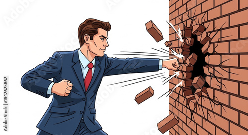 Businessman Breaking Through Brick Wall.