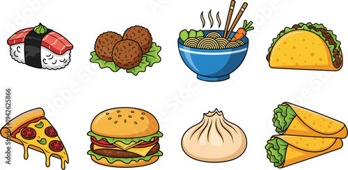 Hand-drawn international street food collection featuring sushi, tacos, pizza slice, burger, ramen bowl, dumplings, falafel, and tasty wraps, isolated icons.