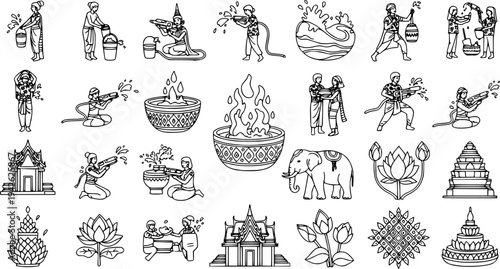 Songkran Festival Black and White Line Art Collection. Hand-drawn Doodle Icons of Thai New Year Celebration, Water Play, Culture, and Traditional Elements
