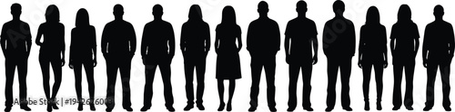 Group of men and women standing silhouettes diverse people lineup isolated on white background human figure collection vector illustration set