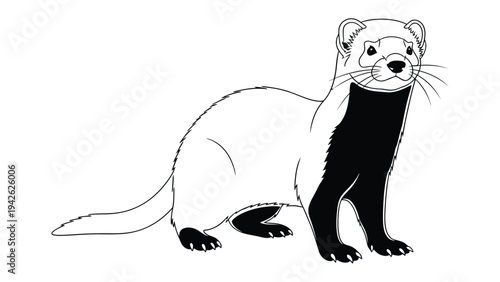 Ferret Illustration: A clean, black and white illustration of a ferret with its distinctive markings and a long tail, standing alert.