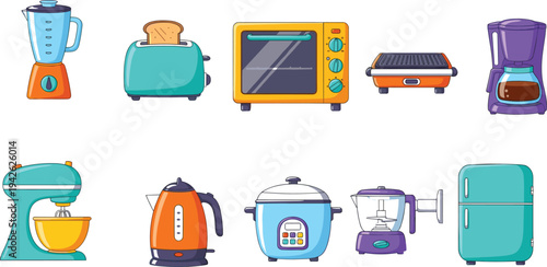Hand-drawn kitchen appliance collection featuring blender, toaster, oven, coffee maker, stand mixer, electric kettle, rice cooker, food processor, and refrigerator.