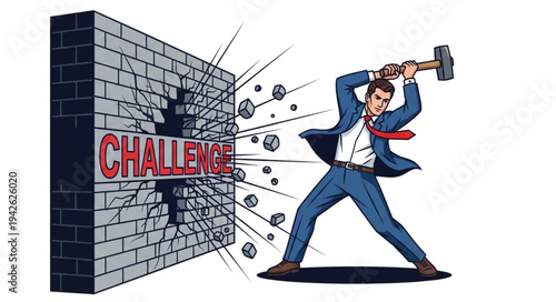 Businessman Breaking Through Brick Wall.