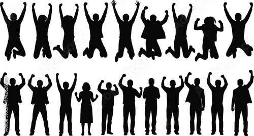 Happy jumping people silhouettes collection, men and women celebrating success with raised arms, energetic human figures isolated vector set