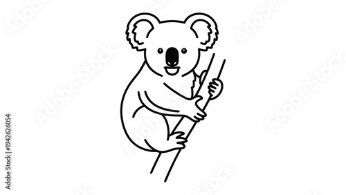 Adorable Koala on a Branch: A charming illustration of a koala bear, clinging to a branch with a serene expression, showcasing its unique features in a minimalist style.