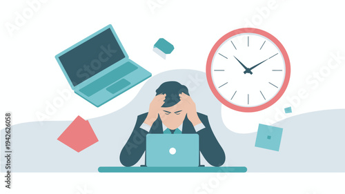 A stressed businessman sitting at his desk with a laptop and surrounded by floating office supplies and a clock