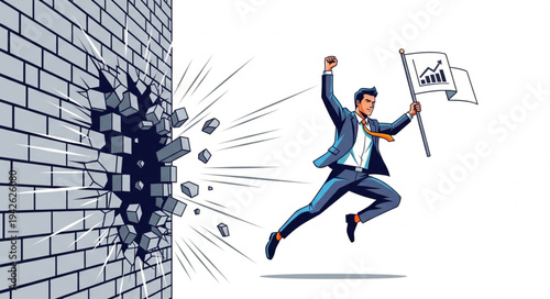 Businessman Breaking Through Brick Wall.