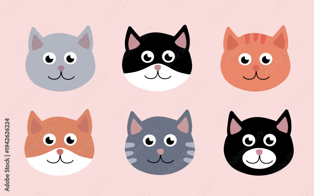 Fototapeta premium Set of Cat head. Vector flat illustration.