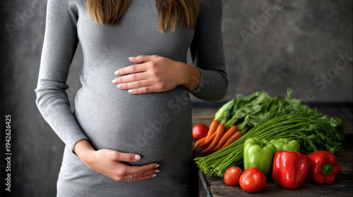 Pregnant woman healthy food vegetable nutrition carrot tomato pepper green fresh wellness balanced diet happiness expecting mother