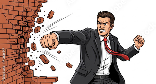 Businessman Breaking Through Brick Wall.