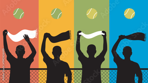 A group of people cheering at a tennis match with colorful scarves and balls in the air