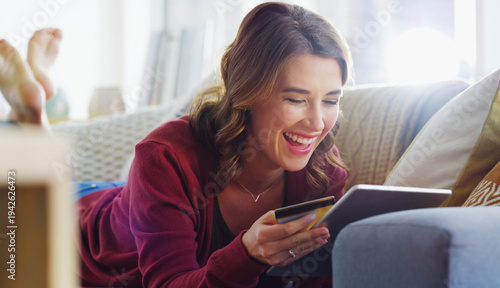 Tableau sur toile Credit card, funny and woman with tablet in home for relax, subscription payment or online shopping