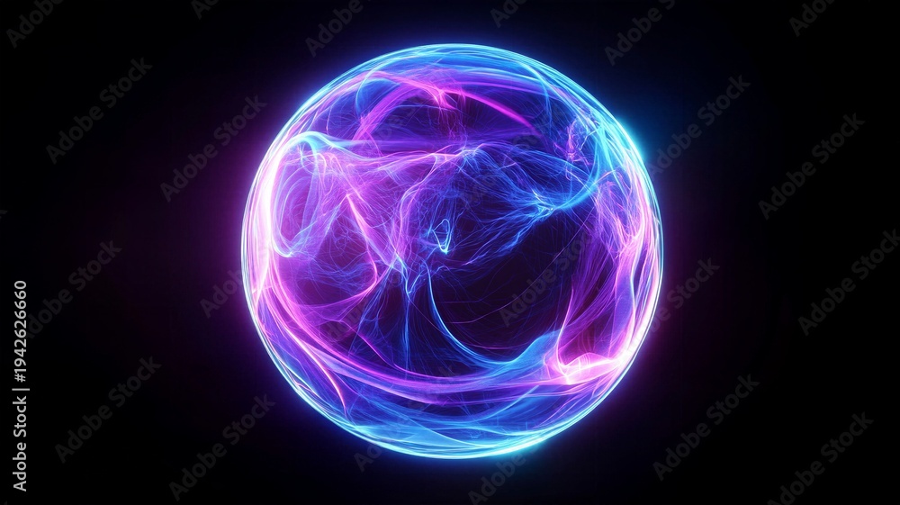 Obraz premium Vibrant energy sphere with blue and magenta plasma waves for high tech power source and future innovation and quantum portal visualization