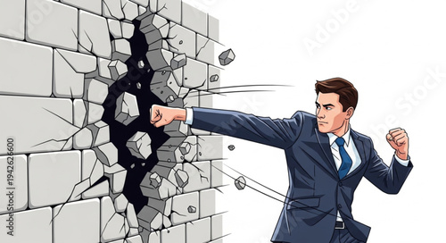 Businessman Breaking Through Brick Wall.