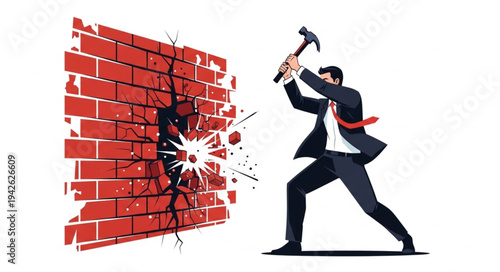 Businessman Breaking Down Brick Wall Obstacle.