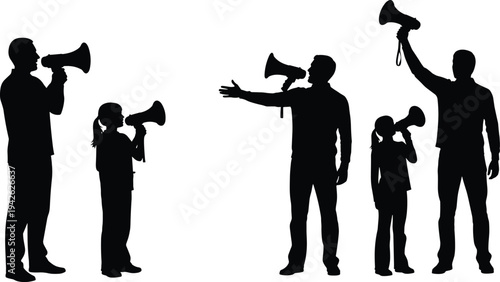 People silhouettes speaking through megaphone announcing message protest announcement communication concept isolated vector illustration for public speaking activism and promotion