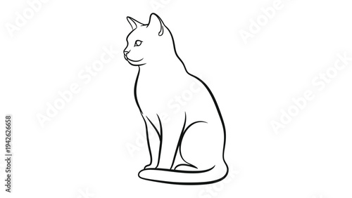 Elegant Cat Sketch: A minimalist black-and-white sketch of a sleek, graceful cat, sitting upright with a curious gaze, highlighting feline elegance and poise.