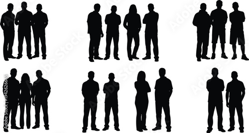 Group of people standing silhouettes men and women team members casual pose community teamwork human figures vector illustration isolated set