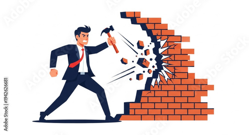 Businessman Breaking Down Brick Wall.