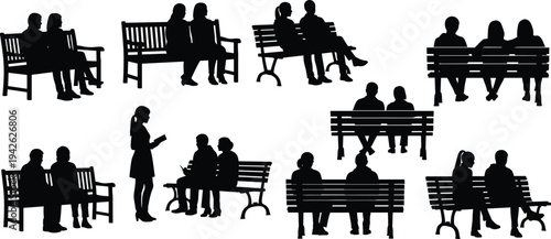 People sitting on park bench silhouettes collection couples friends resting talking waiting outdoor public space lifestyle vector illustration isolated