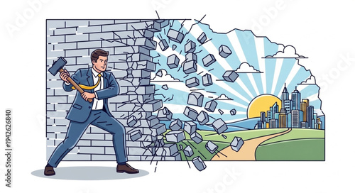 Businessman Breaking Through Brick Wall.