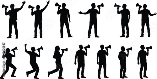 People speaking with megaphone silhouettes protest announcement communication activism public speech rally demonstration leadership voice vector illustration isolated set
