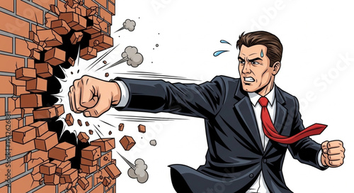 Businessman Breaking Through Brick Wall.