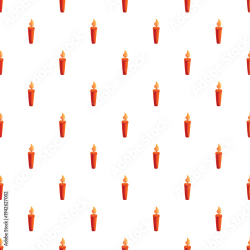 Repeating pattern showing lit orange candles with flames on a white background