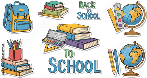 Back School Education Set Backpack Books Pencil Globe Student Learning Classroom Study Supplies Illustration Collection.