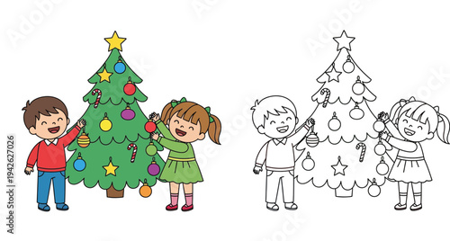 Cute kids decorating Christmas tree illustration. Colored version and black and white line art coloring page for children's activity book.