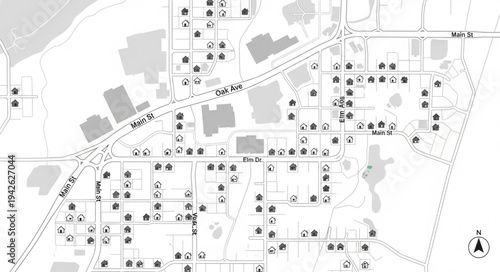 Detailed Street Map of a Residential Area with Buildings and Trees.