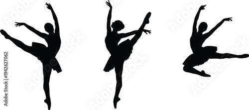 Set of ballerina dancer silhouettes performing ballet jumps and poses isolated vector illustration for dance performance choreography and artistic movement design
