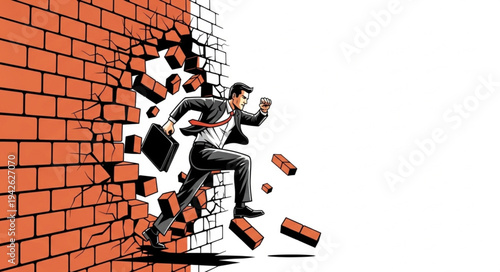Businessman Breaking Through Brick Wall.