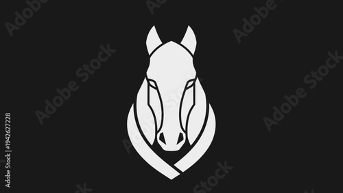 Minimalist White Horse Head Emblem on Black Background.
